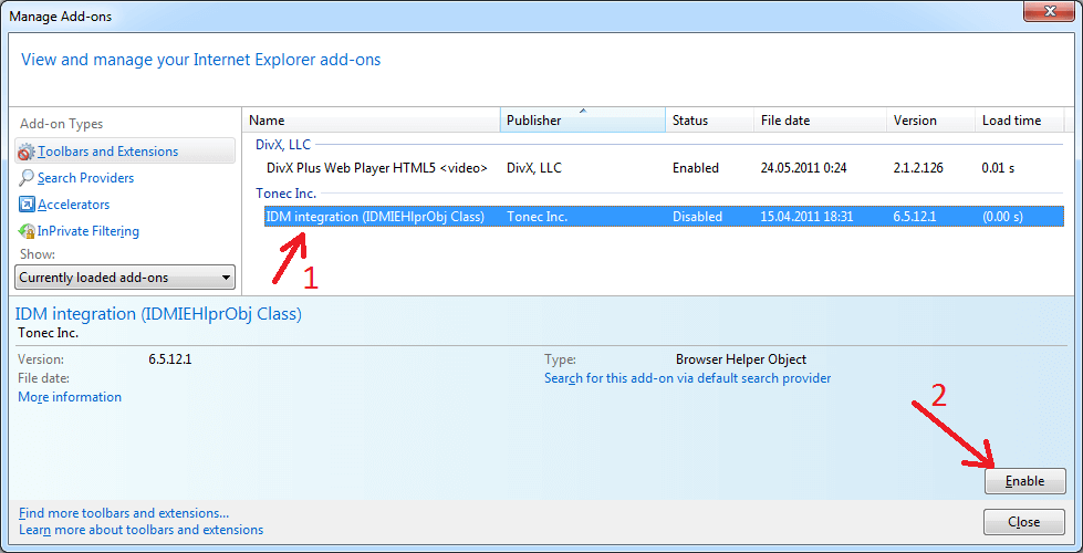 Enable IDM add-on in IE