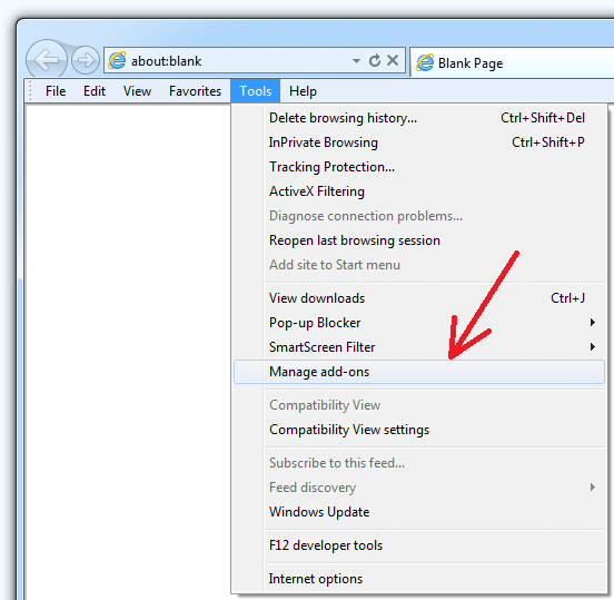 'Tools Manage add-ons' IE menu item